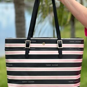 Tommy Hilfiger striped canvas tote (pink/black/creme) - TH logo, roomie bag